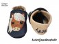 Preview: Lederpuschen dunkelblau-beige mit Namen Ferse links (dunkelblau) und beiderseits Stickerei Ponykopf (braun-beide-hellbraun-rosa-schwarz-weiß)